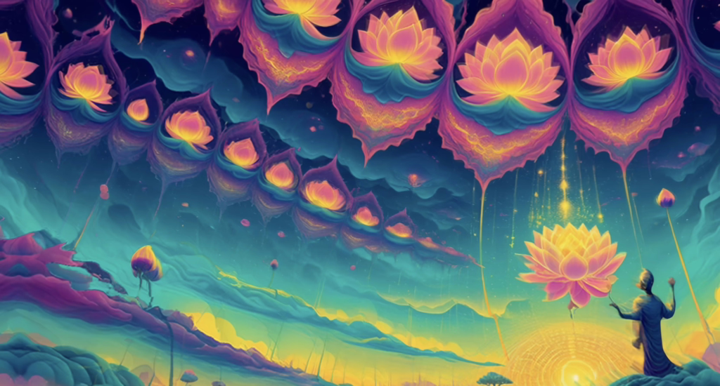 A complex fractal bloom pulsing with energy, a key feature in aesthetic trippy art videos.